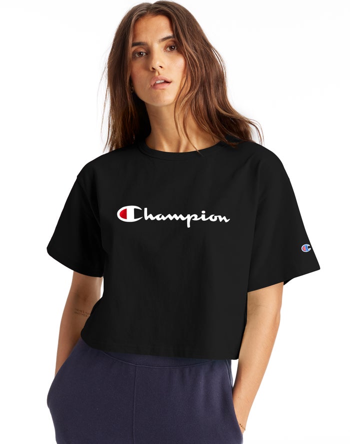 Champion Heritage Cropped Script Logo - Naisten Mustat T-Paita - Suomi 5034861-KS